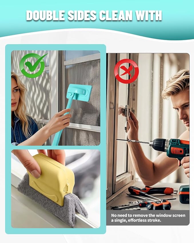 Window Screen Cleaner Kit,Wet and Dry Dual-Use Mesh Screen Cleaner + 3 Window Track Cleaning Tools,Detachable Window Sill Cleaner Tool for Easy,Efficient Cleaner