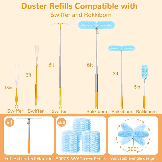 6 ft Heavy Duty Extendable Duster Handle with 50 Refills for Swiffer Duster, 360° Multi-Surface Dusters with 4X Cleaning Power for Home, Ceiling Fans, Windows, Dusting Hard-to-Reach Areas (Blue)