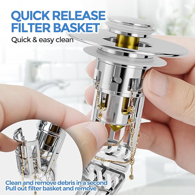 zaa Bathroom Sink Drain Strainer - (2 Pc) 3 in 1 Sink Stopper Bathroom Drain with Removable Filter Basket for Easy Clean, Pop Up Sink Drain Stopper for 1.1'' to 1.6'' Basin, Brass Core, 10000+ Tested