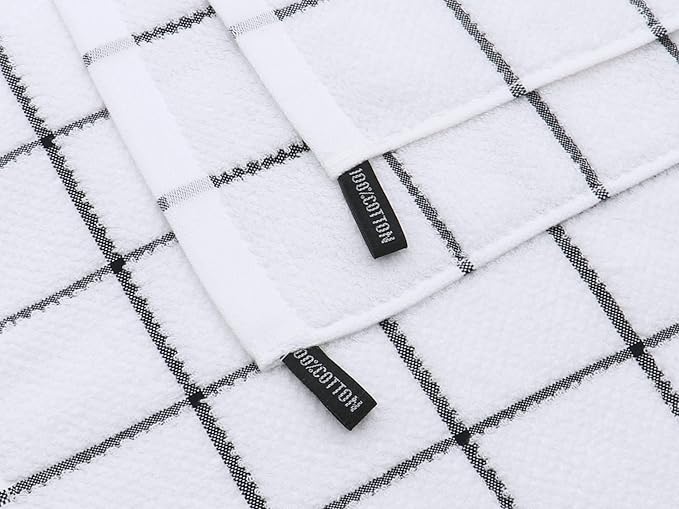 Cotton Dish Towels for Kitchen, Thick Terry Dish Rags 6 Pack, Absorben Dish Cloths for Washing Dishes,13 x 13 in, Soft Kitchen Washcloths Hand Towels (Black Grid)