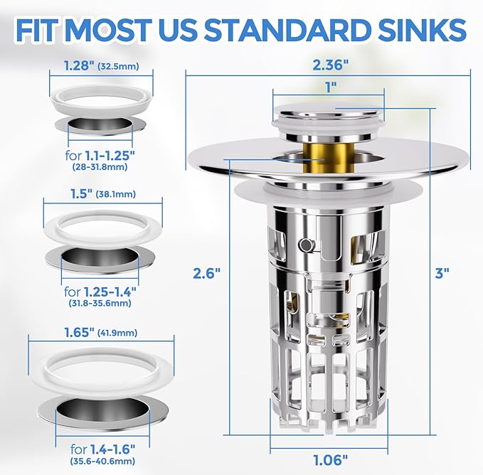 zaa Bathroom Sink Drain Strainer - (2 Pc) 3 in 1 Sink Stopper Bathroom Drain with Removable Filter Basket for Easy Clean, Pop Up Sink Drain Stopper for 1.1'' to 1.6'' Basin, Brass Core, 10000+ Tested