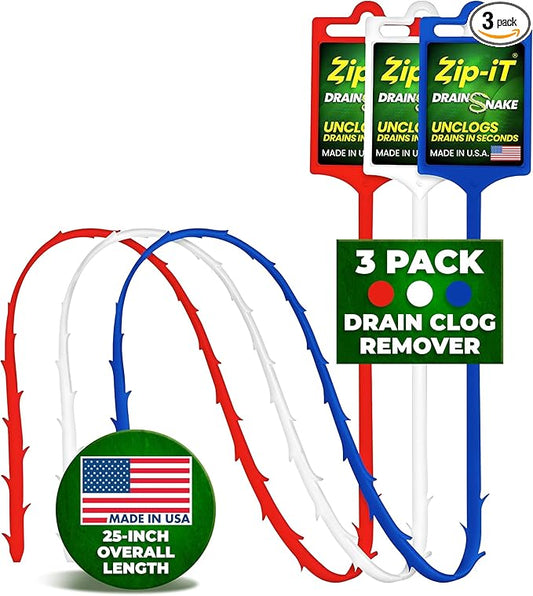 Zip-It Hair Drain Clog Remover, 25-inch Unclogger Tool for Shower, Tub & Sink in Seconds, Reusable, Flexible, Non-Toxic Drain Snake (3-pack)