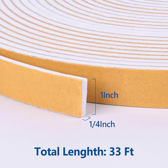 Kikerike Self Adhesive Foam Tape Weatherstrip 1in x 1/4in x 33Ft High Density Foam Insulation Strips Seal Weather Stripping with Strong Adhesive for Door and Window Sound Isolation Soundproofing