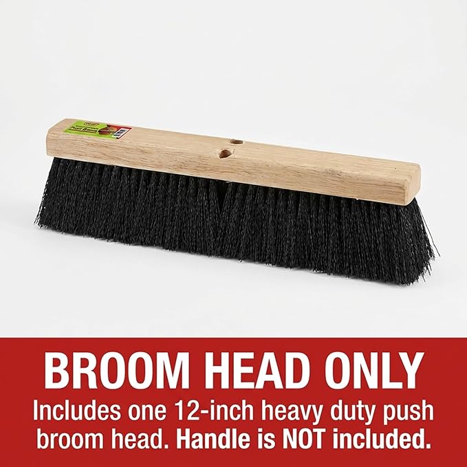 Black Indoor Push Broom Head – Heavy Duty Hardwood Block – Polypropylene Bristles – Deck Scrub Brush – Two Threaded Handle Holes for Better Assist (12")