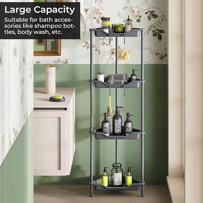 ODesign 4 Tier Corner Shelf Stand for Living Room Bedroom Bathroom,Plastic Metal Splicing Ground Cabinet Storage Rack,Standing Shower Organizer,Shower Caddy Corner