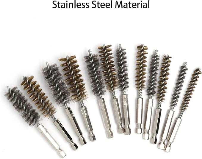 12pcs Bore Brush for Drill, 1/4" Hex Shank Stainless Steel Twisted Wire Brush for Drill, Bristle Round Wire Brush with Different Sizes, Tube Pipe Cleaner for Rust (Diameter 8,10,12,15,17,19mm)