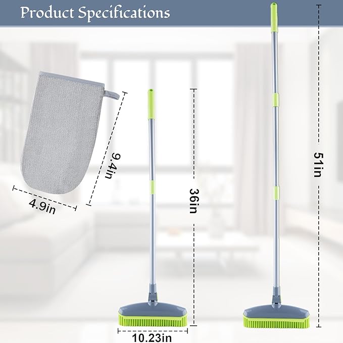 Rubber Broom Carpet Rake for Pet Hair Remover, Fur Remover Broom with Squeegee, Portable Detailing Lint Remover Brush, Pet Hair Removal Tool for Fluff Carpet, Hardwood Floor, Tile, Window (grey&green)