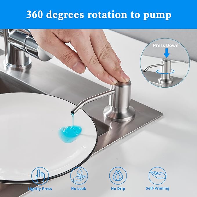 Built in Soap Dispenser for Kitchen Sink, Brushed Nickel Stainless Steel Countertop Pump Head (Plastic Built-in), Dish Soap Hand Lotion Dispenser with Refillable 17OZ Bottle