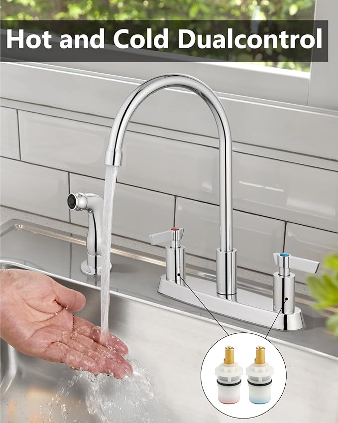 Kitchen Faucet with Sprayer 2 Handle Kitchen Sink Faucets 8 Inch Centerset 3 Hole with Supply Lines Polish Chrome