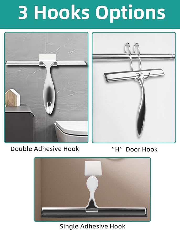 All-Purpose Stainless Steel Shower Squeegee Come with S Hook, 2 Square Sticky Hook 2 Rubber Strips Shower Squeegee for Glass Doors, Windows, Mirrors, Tiles and Car Glass -14 Inches Silver