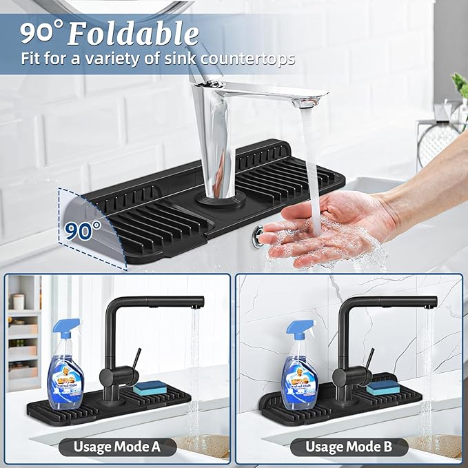 PoYang 14.6 inch Faucet Mat for Kitchen Sink Splash Guard, 7° Slope Silicone Sink Water Splash Guard for Kitchen Sink Area with Snap Button, Small Sink Protectors for kitchen Sink Sponge Holder, Black