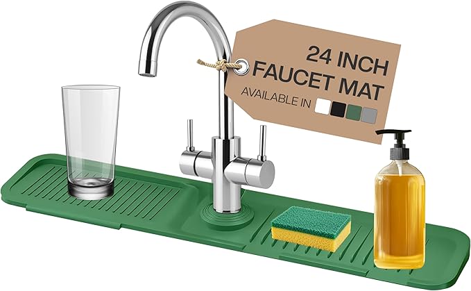 24 Inch Silicone Faucet Mat for Kitchen Sink Splash Guard & Draining Tray Sink Protector with Soap & Sponge Holder Green (Purest Peak)