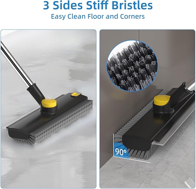 Scrub Brush with Long Handle, Floor Scrub Brush Squeegee Broom for Cleaning, 3 in 1 Shower Scrubber Floor Broom Squeegee for Concrete Tile Wall Deck Patio Black