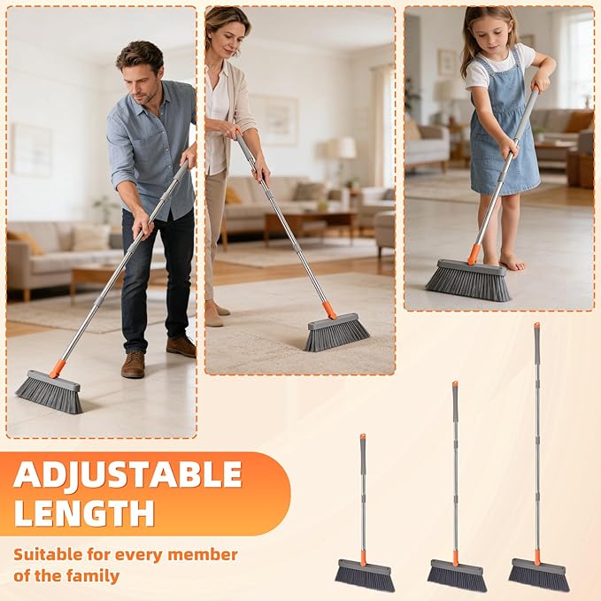 Broom and Dustpan Set, Self Cleaning with Metal Dustpan Teeth, Indoor&Outdoor Sweeping, Ideal for Dog Cat Pets Home Use, Stand Up Broom and Dustpan, Orange&Grey