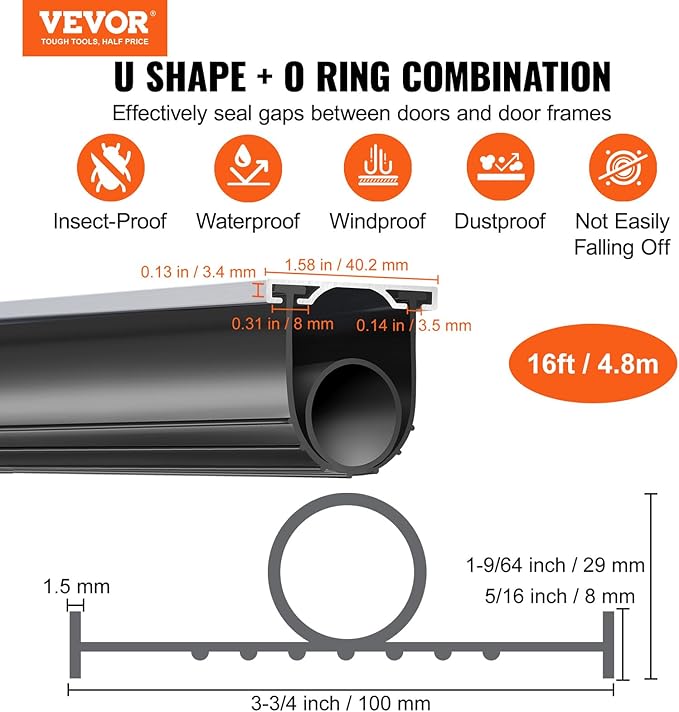 VEVOR Garage Door Seals Bottom Rubber, U Shape +O Ring Combination Garage Door Weather Stripping with Pre-drilled Aluminum Track Retainer Kit, 5/16 inch T-Ends and 3 3/4 inch Width (16 Ft, Black)