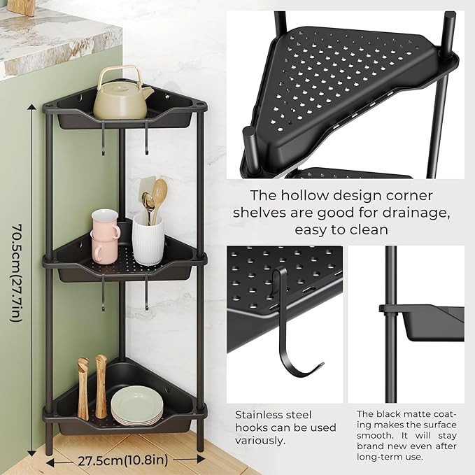 ODesign 3 Tier Corner Shower Caddy Standing Floor Standing Corner Shower Caddy Organizer Shower Table Plastic Metal Splicing Shelf Storage Rack for Bathroom Black - Rustproof