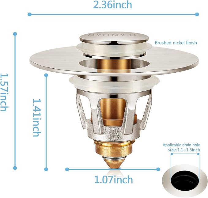 Bathroom Sink Stoppers Brushed Nickel – Pop Up Drain Stopper & Strainer, 2-in-1 Universal Sink Stopper for 1.1" to 1.5" Bathroom Sink Drain Pipes, Brushed Nickel Finish