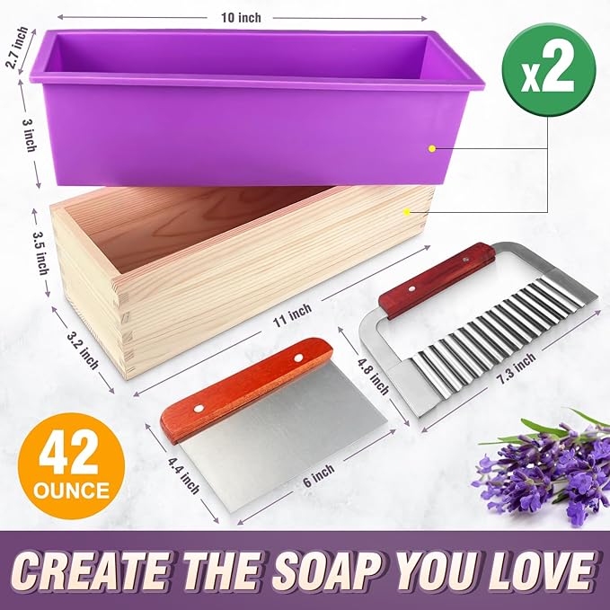 Walfos Soap Mold - Flexible Rectangular Loaf Mold Comes with Wood Box,Silicone Soap Molds with Stainless Steel Wavy + Straight Scraper for Soaps Making 42oz,Purple