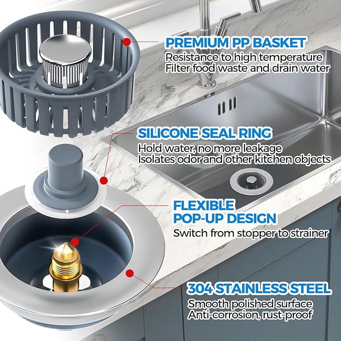 zaa Kitchen Sink Drain Strainer - Kitchen Sink Stopper, Stainless Steel Kitchen Drain Plug & Cover with Anti-Clogging Basket Strainer, Fit US Standard 3-1/2'' Sink Drain Hole, Silver