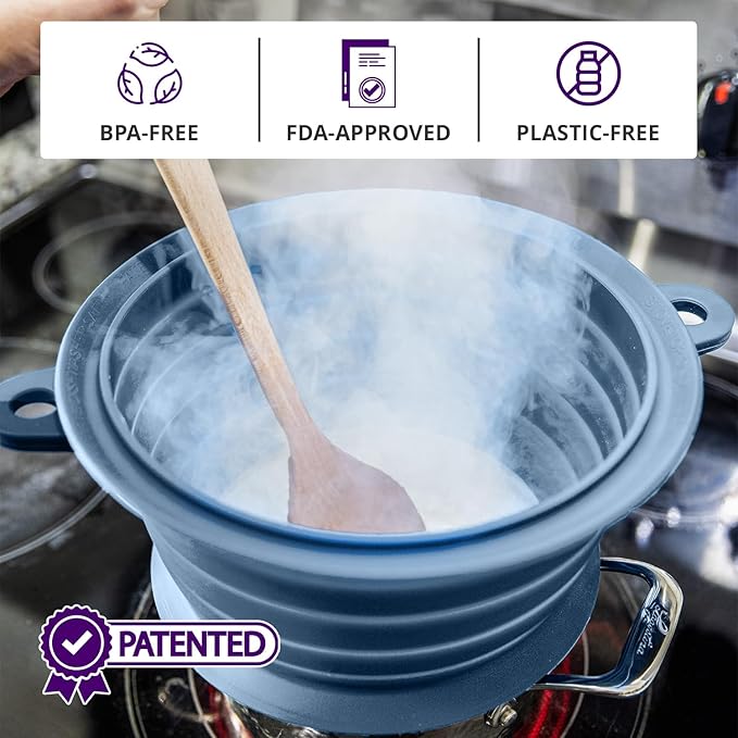 L.I.Q Silicone Splatter Guard – Fits 8 and 10 Inch Pots (20 and 25 Centimeters) – Microwave Safe and Durable SplatterDom - Includes 8” Lid - Food and Oil Splash Guard (Blue Steel, Small)