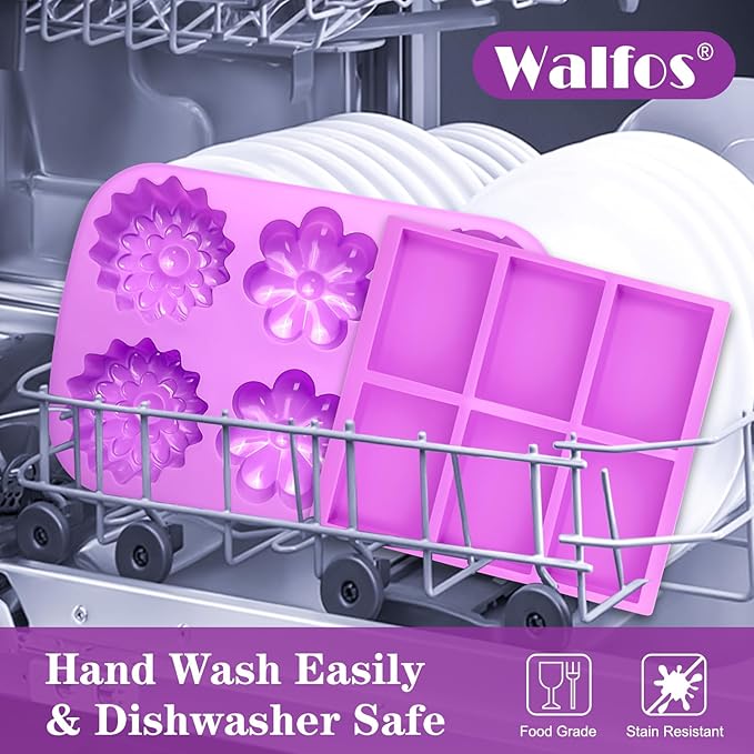 Walfos Soap Molds,4 Pieces Flower and Rectangle Silicone Soap Mold,BPA Free and Dishwasher Safe. Perfect for Homemade Craft Soap, Ice, Mousse, Cake, Jelly.Easy to Pop Out. (Purple)