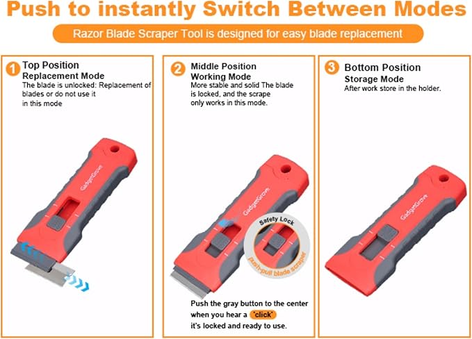 Razor Blade Scraper for Cleaning Glass Window, Cooktop, Oven, Stove, stove top,glass top stoves, Scraper with Buit-In Blade Storage, Upgraded Lock Mechanism, Razor Scraper Buit-In Blade torage, Red