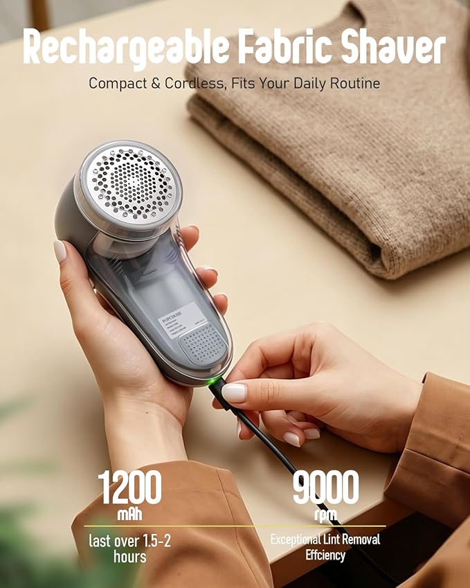 POPCHOSE Fabric Shaver, Lint Shaver for Clothing, Electric Lint Remover with 6-Leaf Blades, Sweater Defuzzer, Clothes Shaver for Couch, Furniture, Blanket, Remove Pilling, USB Rechargeable