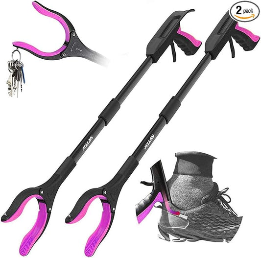 Jellas 2-Pack 32 Inch Grabber Reacher Tool with Shoehorn, 360° Rotating Head Grabber Tool for Elderly, Outdoor and Indoor Trash Picker Grabber (Purple)