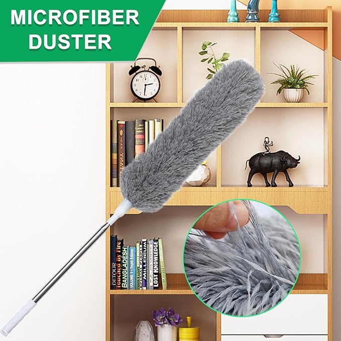 100" Extra-Long Microfiber Feather Duster, Extendable Pole Dusters, Telescoping Cobweb Duster for Cleaning, Bendable and Washable Microfiber Head, Cleaner for High Ceiling, Fan, Furniture