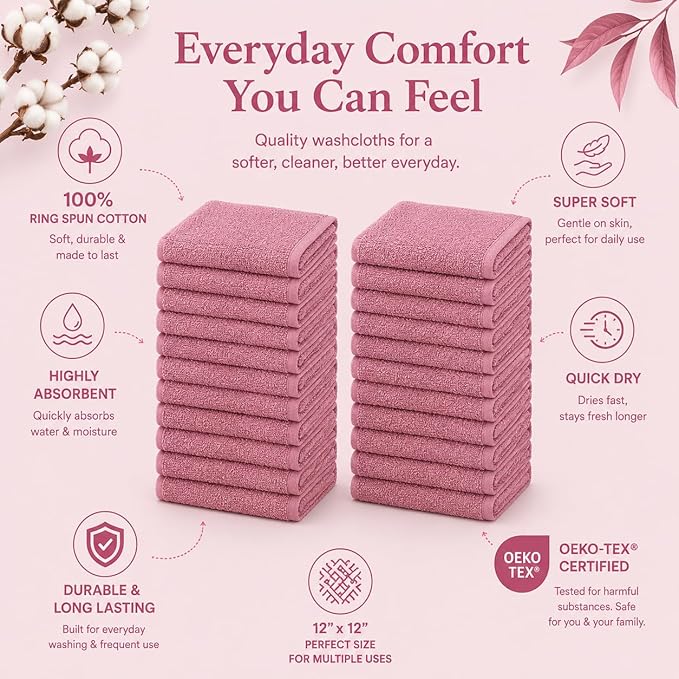 24 Pack Washcloths, 12x12 Lightweight Cleaning Towels, 100% Ring Spun Cotton, Bulk Utility Rags for Kitchen, Cleaning, Workshop, Garage, Reuseable and Long Lasting (Mauve/Dust Rose)