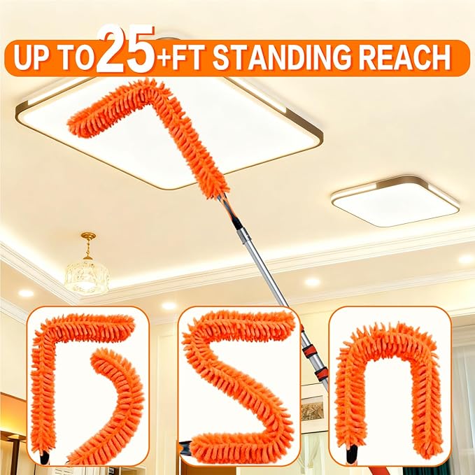 20FT High Reach Duster Cleaning Kit with 5-13 FTExtension Pole, High Ceiling Fan Cleaner Duster Tool for Fan Blades, Extendable Reusable Cobweb, Feather, Window Cleaning Squeegee Kit (12FT)