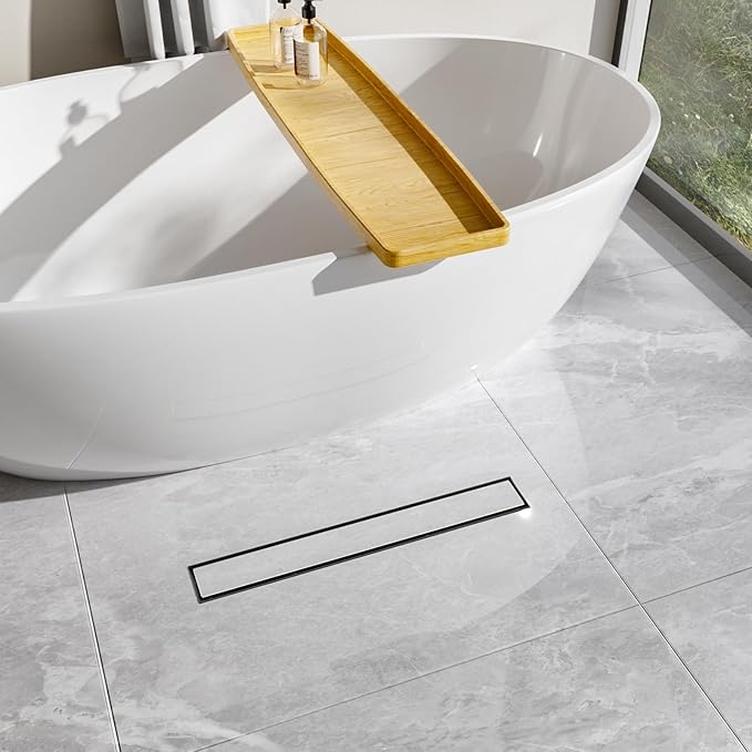 18-Inch Linear Shower Drain with Tile Insert Grate, SUS 304 Stainless Steel Linear Drain, Matte Black Long Rectangle Shower Floor Drain with Leveling Feet, Hair Strainer, Fits Bathroom