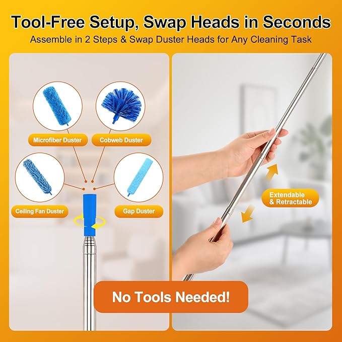 Tiumso 5-in-1 Microfiber Duster Kit with 100” Extension Pole – Reinforced Stainless Steel Telescopic Handle for High Ceiling Fans, Cobwebs & Vents – Multi-Head Dusters for Cleaning with Anti-Spin Pole
