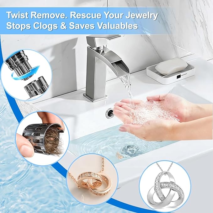 (All Metallic) Bathroom Sink Plug, Pop-up Drain for Bathroom Sink, Sink Plug Hair Collector, Silent Popper Core with Removable Stainless Steel Filter Basket (Brushed Nickel, 2 Pack)
