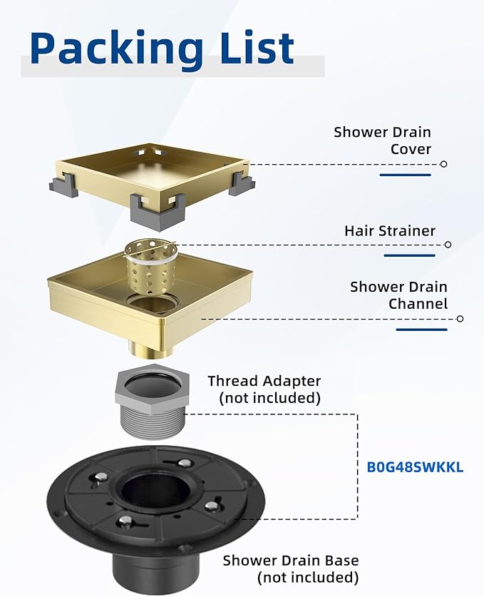 4 Inch Gold Shower Drain, Modern 2-in-1 Tiled Shower Drain - 304 Stainless Steel Square Shower Floor Drain for Bathroom, Brushed Gold Drain Shower with Tile Insert Grate Removable, Hair Strainer