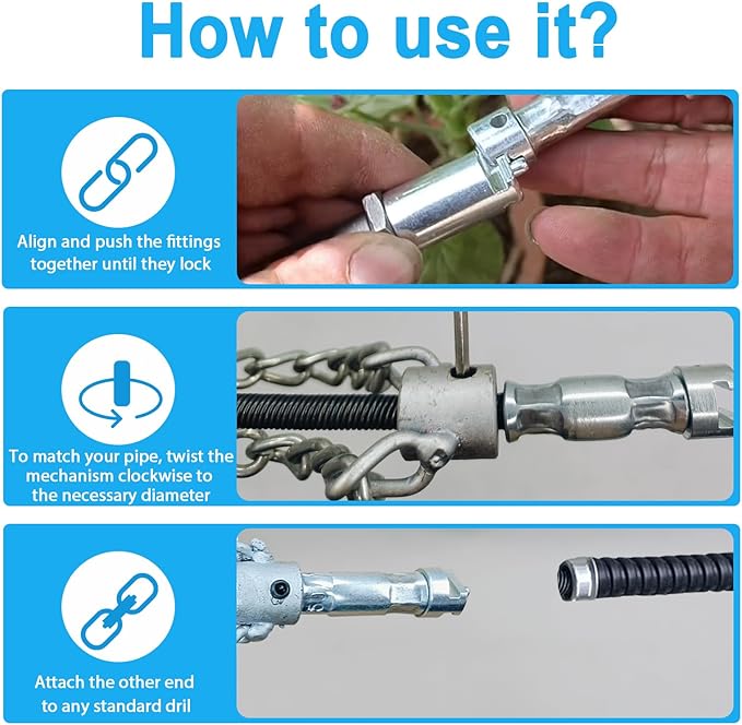 Flex‑Shaft Sewer Descaling Chain, Push-Type Rotary Cable Sewer Dredg, Multi-Purpose PVC Pipe Maintenance Tool for 16mm Spring