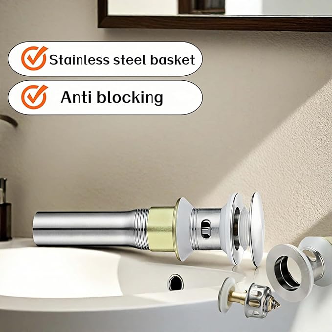 Pop-Up Sink Drain for No Overflow Basin, Stainless Steel, Hair Catcher Filter, 7.09 inch Length, Brushed Nickel (with Holes)