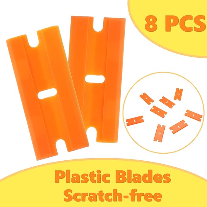 2-Pack Plastic Razor Scraper Tool with 8 Double-Edged Blades - Scratch-Free Sticker & Decal Remover for Car Windshield, Glass, Kitchen Cooktop, Label & Glue Residue - Safe Ergonomic Cleaning Gadget
