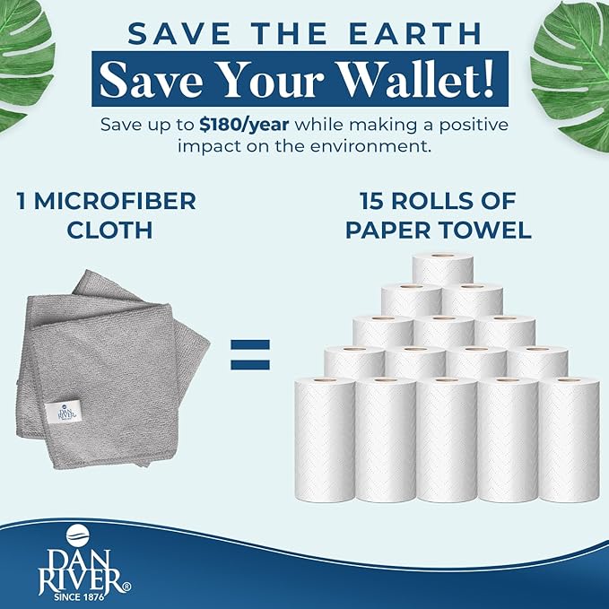 DAN RIVER 24-Pack Microfiber Towels – Ultra Absorbent, lint Free Cloth & Streak-Free for Home, Car & Kitchen - Must-Have Cleaning Essentials - 12" x 12" - Gray White