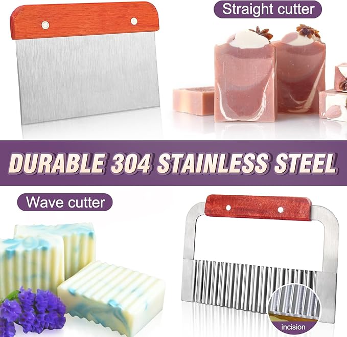Walfos Soap Mold - Flexible Rectangular Loaf Mold Comes with Wood Box,Silicone Soap Molds with Stainless Steel Wavy + Straight Scraper for Soaps Making 42oz,Purple