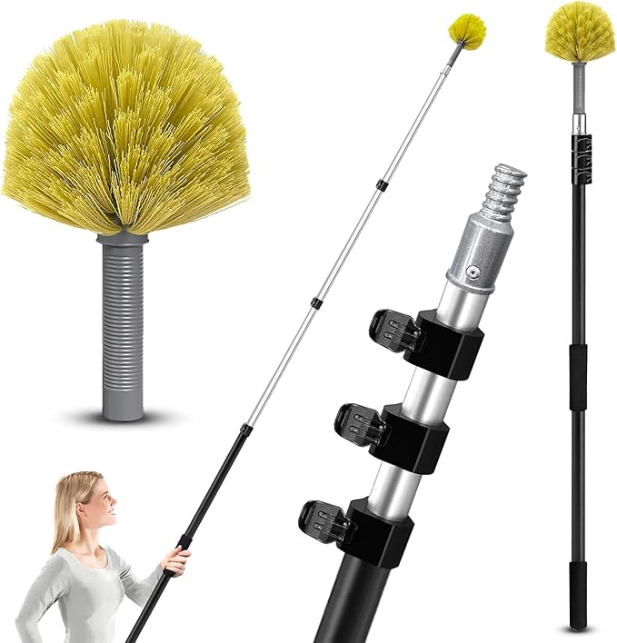 4-12ft Cobweb Duster with Extension Pole, 20 Foot High Reach Feather Dusters with Bristles for Cleaning Outdoor Indoor, 4-Stage Spider Web Remover with Telescopic Pole for Ceiling Wall Yellow
