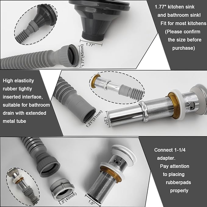Flexible Expandable Bathroom P Trap, 1 1/4 to 1 1/2 Sink Drain Adapter Included, Wash Basin Rubber Tips Sink Drain Pipe, Universal Extension Tube for Kitchen Bathroom Sink Sewer Drain