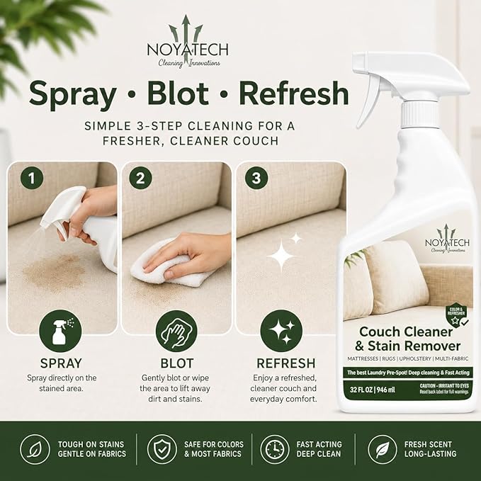 NOYATECH Couch Cleaner and Stain Remover Spray – Professional Strength, Multi-Surface Fabric and Upholstery Cleaner – Pet-Safe, Non-Toxic, Quick-Drying for Couches, Sofas & Car Interiors.