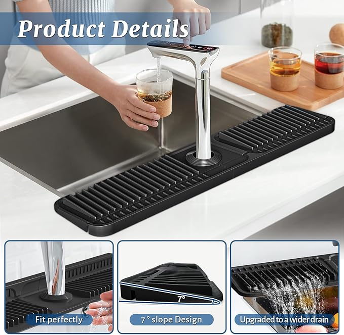 PoYang 24 inch Faucet Mat for Kitchen Sink Splash Guard, 7° Slope Silicone Sink Water Splash Guard for Kitchen Sink Area with Snap Button, Longer Sink Protectors for kitchen Sink Sponge Holder, Black