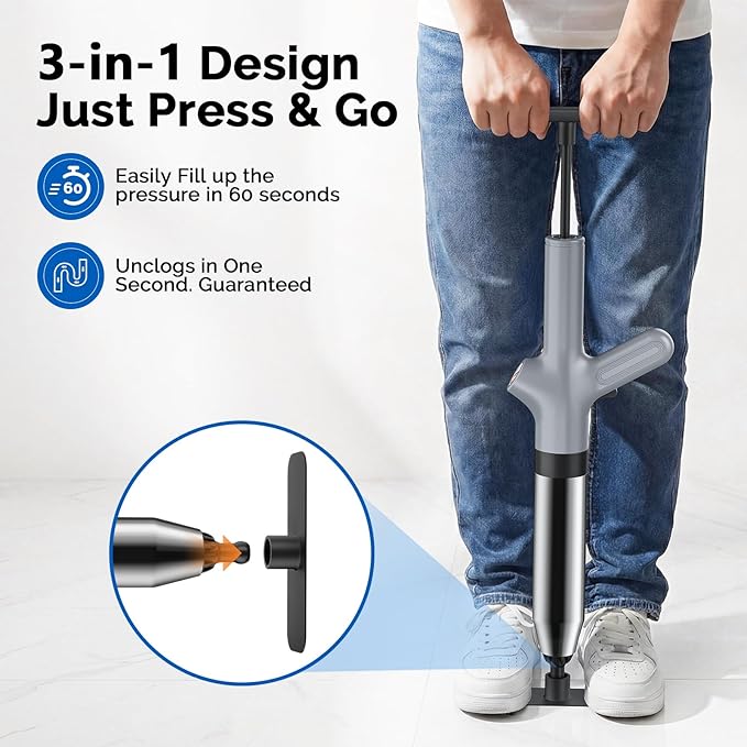 HAMITOR Toilet Plunger Drain Clog Remover: High Pressure Air Plunger & Heavy Duty Toilet Snake with Barometer for Sink, Drain Clogs - Unclogging Tool for Failed Traditional Plungers, Grey