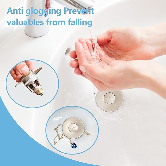 Bathroom Sink Stoppers Brushed Nickel – Pop Up Drain Stopper & Strainer, 2-in-1 Universal Sink Stopper for 1.1" to 1.5" Bathroom Sink Drain Pipes, Brushed Nickel Finish