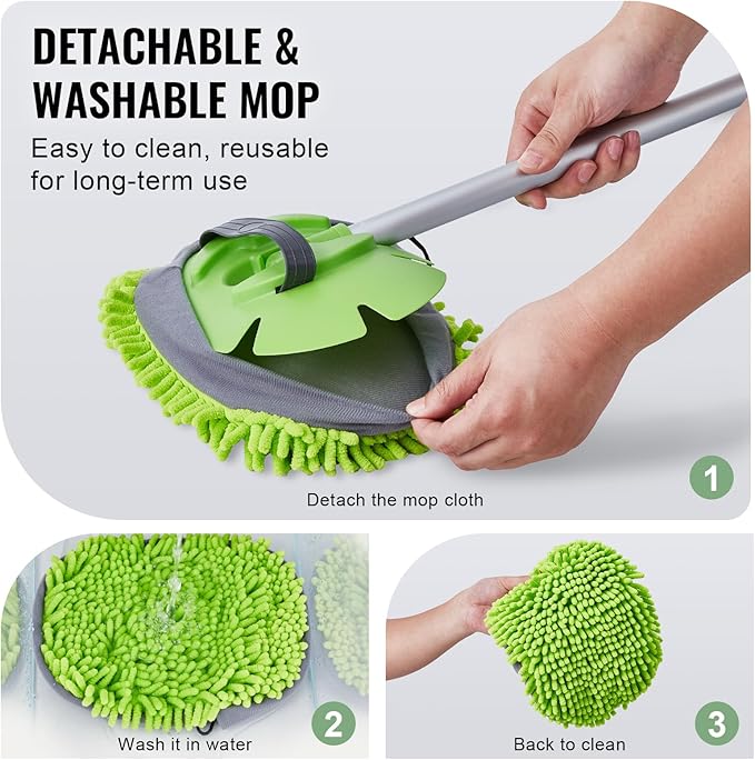 VEVOR Car Wash Brush, 62-Inch Extendable Car Washing Brush with Long Handle, Soft Chenille Fiber Car Wash Mop Mitt, 180° Rotatable Car Cleaning Brush with 1 Replacement Mop for Car, RV, Window, Floor