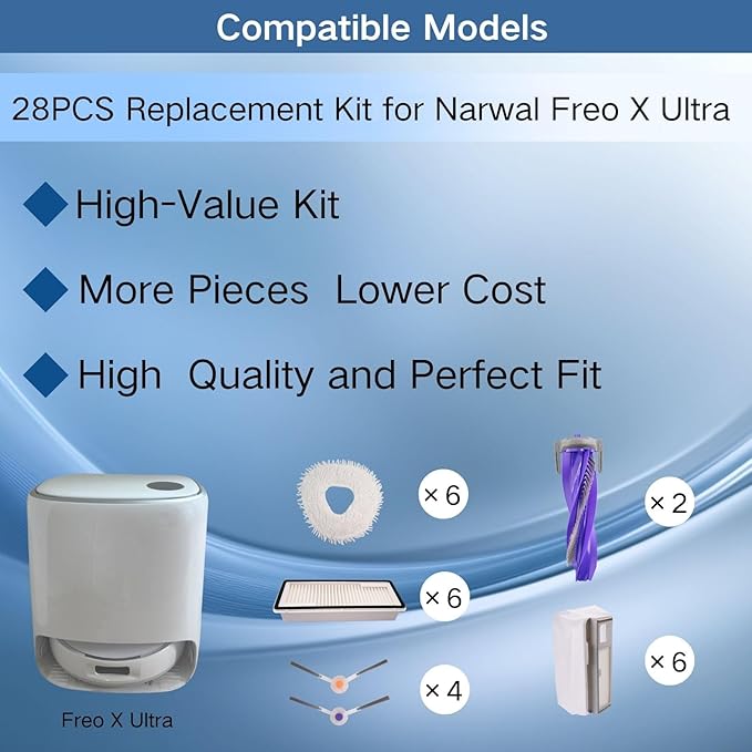 Replacement Accessories Parts Kit Compatible with Narwal Freo X Ultra - Includes 6 Dust Bags, 6 Mop Pads, 6 Filters, 8 Side Brushes, 2 Rubber Main Brushes (Freo X Ultra)