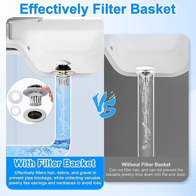 Universal 4 in 1 Bathroom Sink Stopper with Removable Filter Basket, Pop Up Pure Copper Bathroom Sink Drain Strainer, Anti-Clogging Bathroom Drain Stopper Sink Plug for 1.06"-1.65" Basin Drain Holes