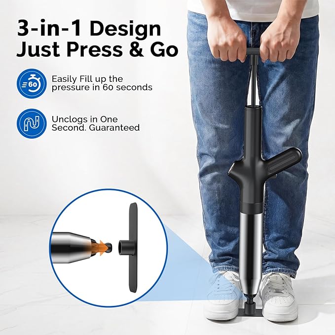 HAMITOR Toilet Plunger Drain Clog Remover: High Pressure Air Plunger & Heavy Duty Toilet Snake with Barometer for Sink, Drain Clogs - Unclogging Tool for Failed Traditional Plungers, Black
